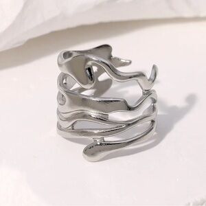 Silver Sculptural Wave Wrap Ring • Stainless Steel • Modern Statement